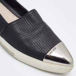 Pre Owned Miu Miu Black Leather Metal Cap-Toe Slip-On Sneakers Size 40.5