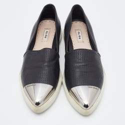 Pre Owned Miu Miu Black Leather Metal Cap-Toe Slip-On Sneakers Size 40.5