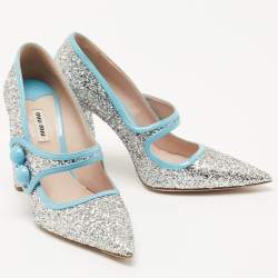 Pre Owned Miu Miu Silver/Blue Coarse Glitter and Patent Leather Mary Jane Pumps Size 40