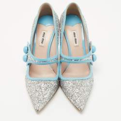 Pre Owned Miu Miu Silver/Blue Coarse Glitter and Patent Leather Mary Jane Pumps Size 40