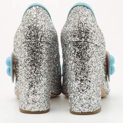 Pre Owned Miu Miu Silver/Blue Coarse Glitter and Patent Leather Mary Jane Pumps Size 40