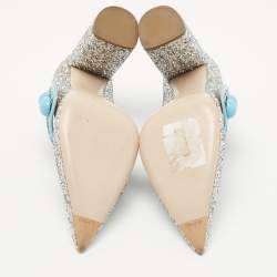 Pre Owned Miu Miu Silver/Blue Coarse Glitter and Patent Leather Mary Jane Pumps Size 40