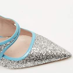 Pre Owned Miu Miu Silver/Blue Coarse Glitter and Patent Leather Mary Jane Pumps Size 40