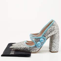 Pre Owned Miu Miu Silver/Blue Coarse Glitter and Patent Leather Mary Jane Pumps Size 40