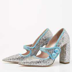 Pre Owned Miu Miu Silver/Blue Coarse Glitter and Patent Leather Mary Jane Pumps Size 40
