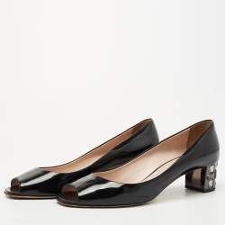 Miu Miu Black Patent Leather Block Heel Peep Toe Pumps Size 41.5