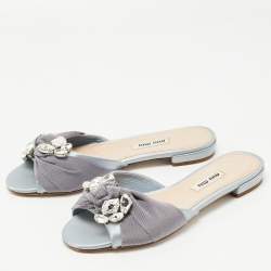 Miu Miu Grey Satin Crystal Embellished Flat Slides Size 36  