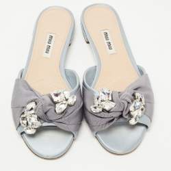 Miu Miu Grey Satin Crystal Embellished Flat Slides Size 36  