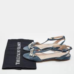 Miu Miu Blue Denim Crystal Embellished Ankle Strap Flats Size 35.5