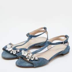 Miu Miu Blue Denim Crystal Embellished Ankle Strap Flats Size 35.5