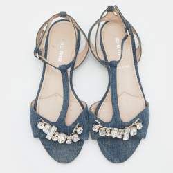 Miu Miu Blue Denim Crystal Embellished Ankle Strap Flats Size 35.5