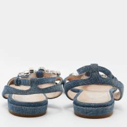 Miu Miu Blue Denim Crystal Embellished Ankle Strap Flats Size 35.5