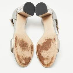 Pre Owned Miu Miu Silver Leather Crystal Heel Ankle Strap Sandals Size 40.5