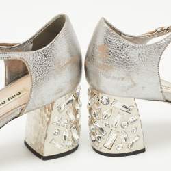 Pre Owned Miu Miu Silver Leather Crystal Heel Ankle Strap Sandals Size 40.5