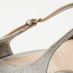 Pre Owned Miu Miu Silver Leather Crystal Heel Ankle Strap Sandals Size 40.5