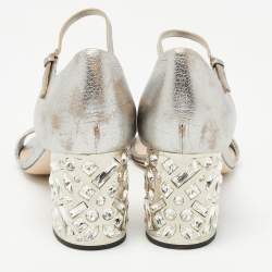 Pre Owned Miu Miu Silver Leather Crystal Heel Ankle Strap Sandals Size 40.5