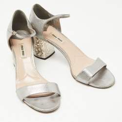 Pre Owned Miu Miu Silver Leather Crystal Heel Ankle Strap Sandals Size 40.5