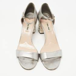 Pre Owned Miu Miu Silver Leather Crystal Heel Ankle Strap Sandals Size 40.5