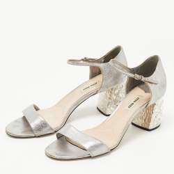 Pre Owned Miu Miu Silver Leather Crystal Heel Ankle Strap Sandals Size 40.5