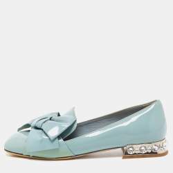 Miu Miu Blue Patent Leather Crystal Embellished  Bow Smoking Slippers Size 35