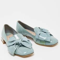 Miu Miu Blue Patent Leather Crystal Embellished  Bow Smoking Slippers Size 35