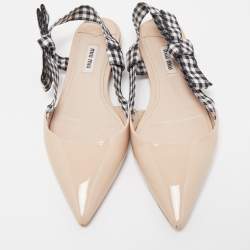 Miu Miu Tricolor Patent Leather and Gingham Fabric Bow Slingback Flats Size 38