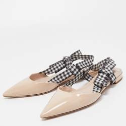 Miu Miu Tricolor Patent Leather and Gingham Fabric Bow Slingback Flats Size 38