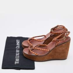 Miu Miu Brown/Orange Leather Strappy Wedge Sandals Size 38