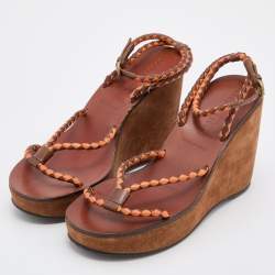 Miu Miu Brown/Orange Leather Strappy Wedge Sandals Size 38