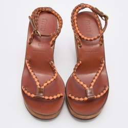 Miu Miu Brown/Orange Leather Strappy Wedge Sandals Size 38