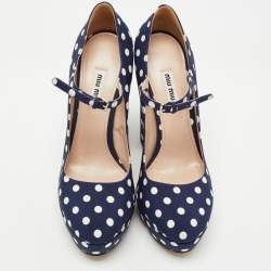 Pre Owned Miu Miu Navy Blue/White Canvas Polka Dot Platform Pumps Size 39.5