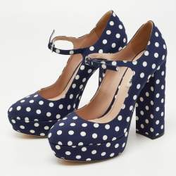Pre Owned Miu Miu Navy Blue/White Canvas Polka Dot Platform Pumps Size 39.5