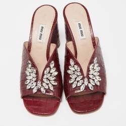 Pre Owned Miu Miu Burgundy Croc Embossed Leather Crystal Slides  Size 39