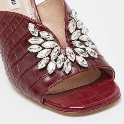 Pre Owned Miu Miu Burgundy Croc Embossed Leather Crystal Slides  Size 39