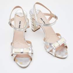 Pre Owned Miu Miu Silver Patent Leather Crystal Embellished Block Heel Ankle Strap Sandals Size 40
