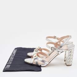 Pre Owned Miu Miu Silver Patent Leather Crystal Embellished Block Heel Ankle Strap Sandals Size 40