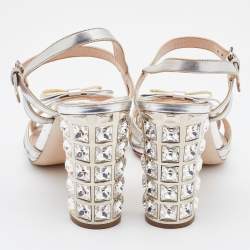 Pre Owned Miu Miu Silver Patent Leather Crystal Embellished Block Heel Ankle Strap Sandals Size 40