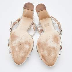 Pre Owned Miu Miu Silver Patent Leather Crystal Embellished Block Heel Ankle Strap Sandals Size 40