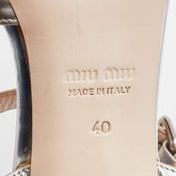 Pre Owned Miu Miu Silver Patent Leather Crystal Embellished Block Heel Ankle Strap Sandals Size 40