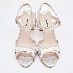 Pre Owned Miu Miu Silver Patent Leather Crystal Embellished Block Heel Ankle Strap Sandals Size 40