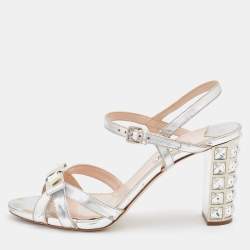 Pre Owned Miu Miu Silver Patent Leather Crystal Embellished Block Heel Ankle Strap Sandals Size 40