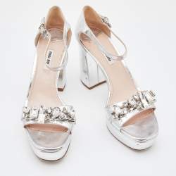 Miu Miu Metallic Silver Leather Crystal Embellished Block Heel Ankle Strap Platform Sandals Size 40
