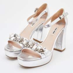Miu Miu Metallic Silver Leather Crystal Embellished Block Heel Ankle Strap Platform Sandals Size 40