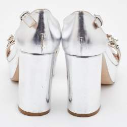 Miu Miu Metallic Silver Leather Crystal Embellished Block Heel Ankle Strap Platform Sandals Size 40