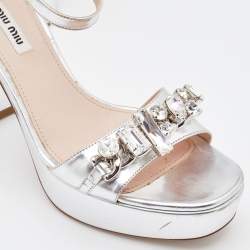 Miu Miu Metallic Silver Leather Crystal Embellished Block Heel Ankle Strap Platform Sandals Size 40