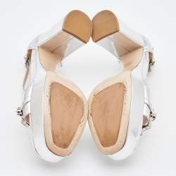 Miu Miu Metallic Silver Leather Crystal Embellished Block Heel Ankle Strap Platform Sandals Size 40