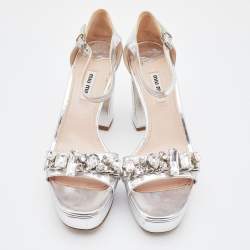 Miu Miu Metallic Silver Leather Crystal Embellished Block Heel Ankle Strap Platform Sandals Size 40