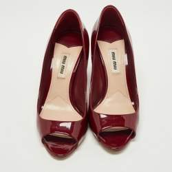 Miu Miu Red Patent Leather Peep Toe Embellished Block Heel Pumps Size 36.5