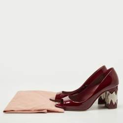 Miu Miu Red Patent Leather Peep Toe Embellished Block Heel Pumps Size 36.5
