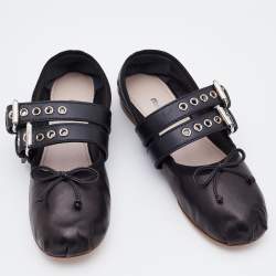 Pre Owned Miu Miu Black Leather Double Buckle Lace Up Ballet Flats Size 38